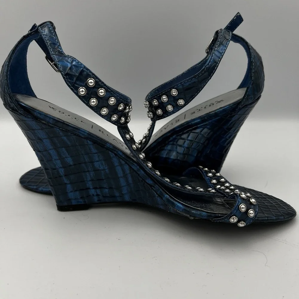 White House Black Market Paris Blue Studded Ankle Strap Wedges‎ Size 9.5